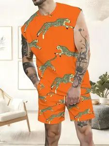 Men's Orange Cheetah Print Sleeveless Summer Casual Set, Menswear Clothes