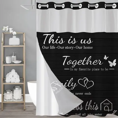 No Hook Black Family Shower Curtain with Snap-in Polyester Liner Set, Family Shower Curtain for Bathroom, See Through Top Bath Curtain,Waterproof & Machine Washable, 72 x 75 Inch