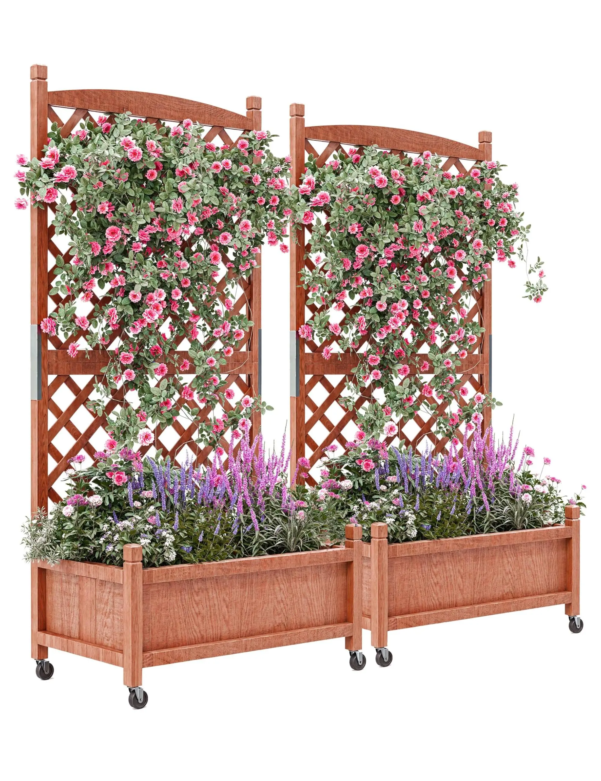 2-Pack Tall Wood Planter Box with Trellis, 29.5" H Raised Garden Bed on Wheels, Vertical Stand Planter with Drainage Holes for Patio, Balcony&Garden