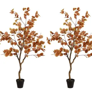 🍂 4ft Autumn Eucalyptus Tree Duo – Realistic Silk Leaves, Warm Orange Hues, Zero Upkeep