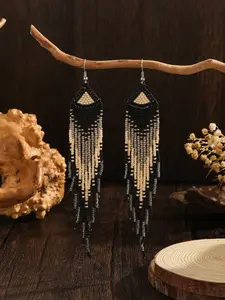 A pair of elegant and fashionable tassel earrings for ladies, Bohemian style, retro gradient black, beige gradient geometric pattern glass beads, hand-woven beaded beads, suitable for daily wear and a versatile gift