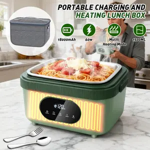 Portable Heated Lunch Box 1.5L, Cordless Electric Food Warmer with 18000mAh Battery, 60W Self Heating Lunch Box with Adjustable Temperature & Timer