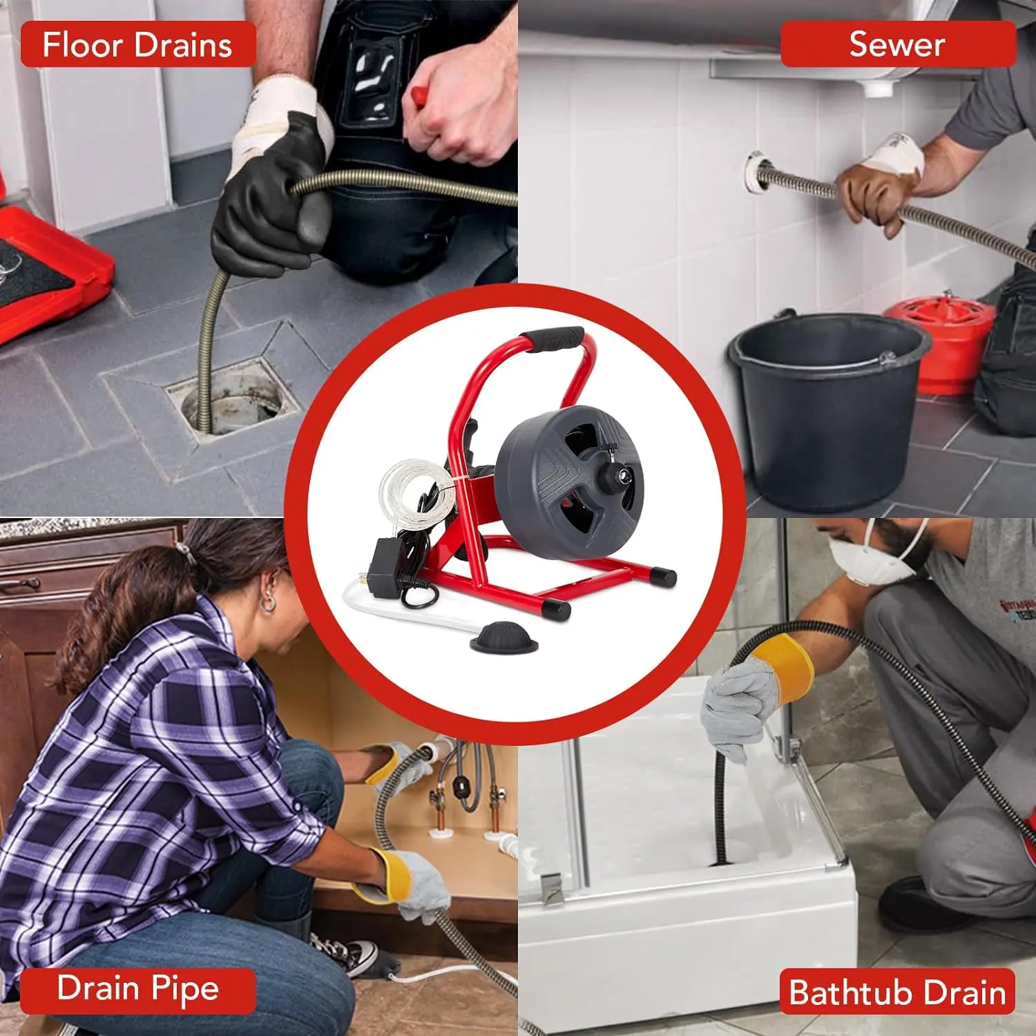 GARVEE 50 ft x 5/16 inches Electric Drain Cleaner Machine - 120v~60hz 2.1A Motor, 0-380/min Sewer Auger Clog Remover, Ergo Handle, 6 Cutters, Gloves, Heavy Duty for 3/4-3 in Pipes, Outdoor Use,toolupgrade