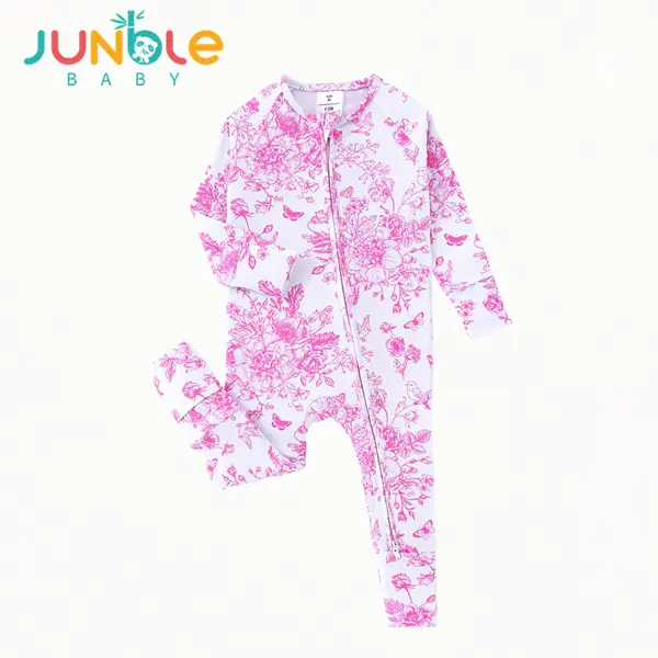 JUNBLEBABY 95% Bamboo Viscose Baby Pajamas Two Way Zipper Romper with Fold-Over Foot Covers Super Soft Newborn Sleepers Infant Kid Girls Clothes Pjs Toddler Sleepwear with Vibrant Pink Floral Butterfly Print