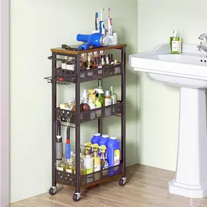 4-Tier Rolling Cart, Slim Organizer Cart with Wheels for Laundry Room,,, Pantry, Living Room, Organization Mobile Shelf Unit for Small Spaces, Black