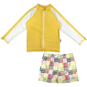 Boys Long Sleeve Zipper Rash Guard and Swim Trunk Set | "Madras Mania"