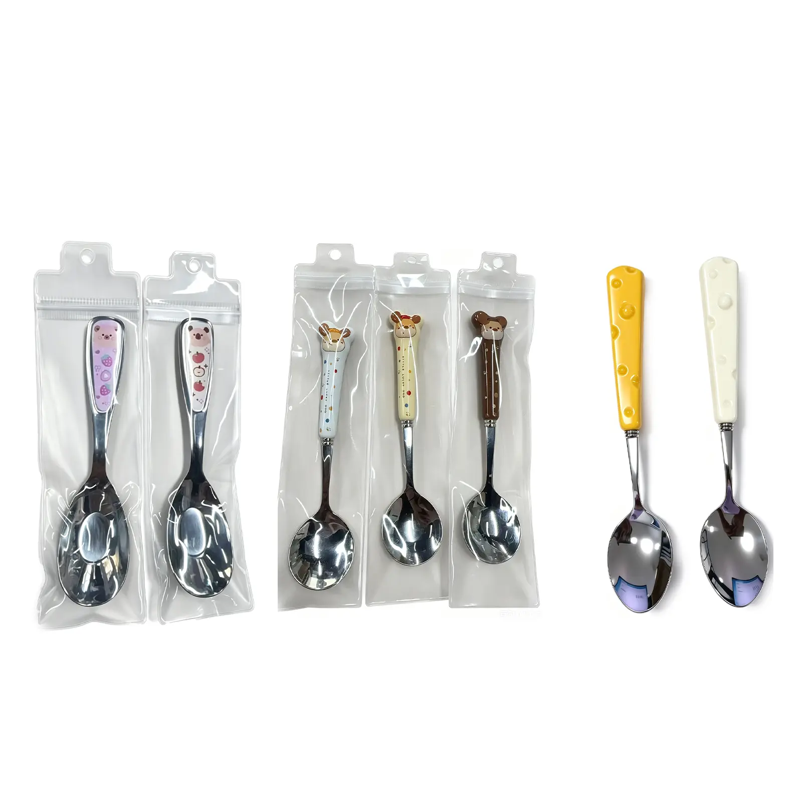 3Pcs Cute Cartoon Stainless Steel Teaspoon, Ceramic Handle Coffee Stirring Spoon, Kawaii Bear Cheese Print Dessert Ice Cream Sugar Spoon, Portable Mini Tableware for Home Office Cafe Kids Girls