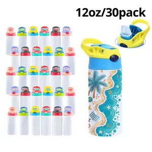 Kids' 30-Pack 12oz Sublimation-Ready Stainless Steel Insulated Sippy Water Bottle Tumblers for Back to School, Portable Kitchenware Drinkware with Colored Straws, Vacuum Flasks Shipped from USA Warehouse, Tumbler