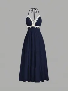 Women's Halter Long Dress, Deep V Neck Shell Trim Layered Ruffle Sleeveless Boho Beach Dress, Elegant Summer Fashion