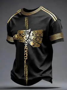 Men's Football Enthusiast Printed T-Shirt, Letter Print Casual Athletic Style Sport Outdoor Short Sleeve T-Shirt, Summer Top, All Seasons, Fitted, Long Length