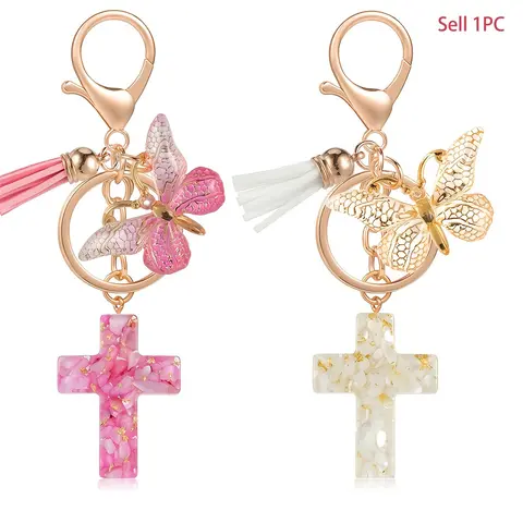 1pc Cross Keychain Pendants with Butterfly & Tassel Decor, Versatile Decor Pendants - Fit for Backpacks, Handbags, Keys, Christian Gift, Birthday Gift,Pink and White, party decoration，party gift, Resin Keyring