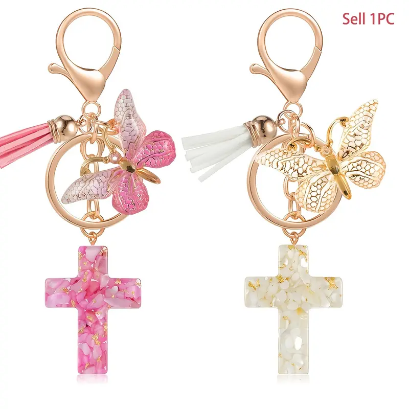 1pc Cross Keychain Pendants with Butterfly & Tassel Decor, Versatile Decor Pendants - Fit for Backpacks, Handbags, Keys, Christian Gift, Birthday Gift,Pink and White, party decoration，party gift, Resin Keyring