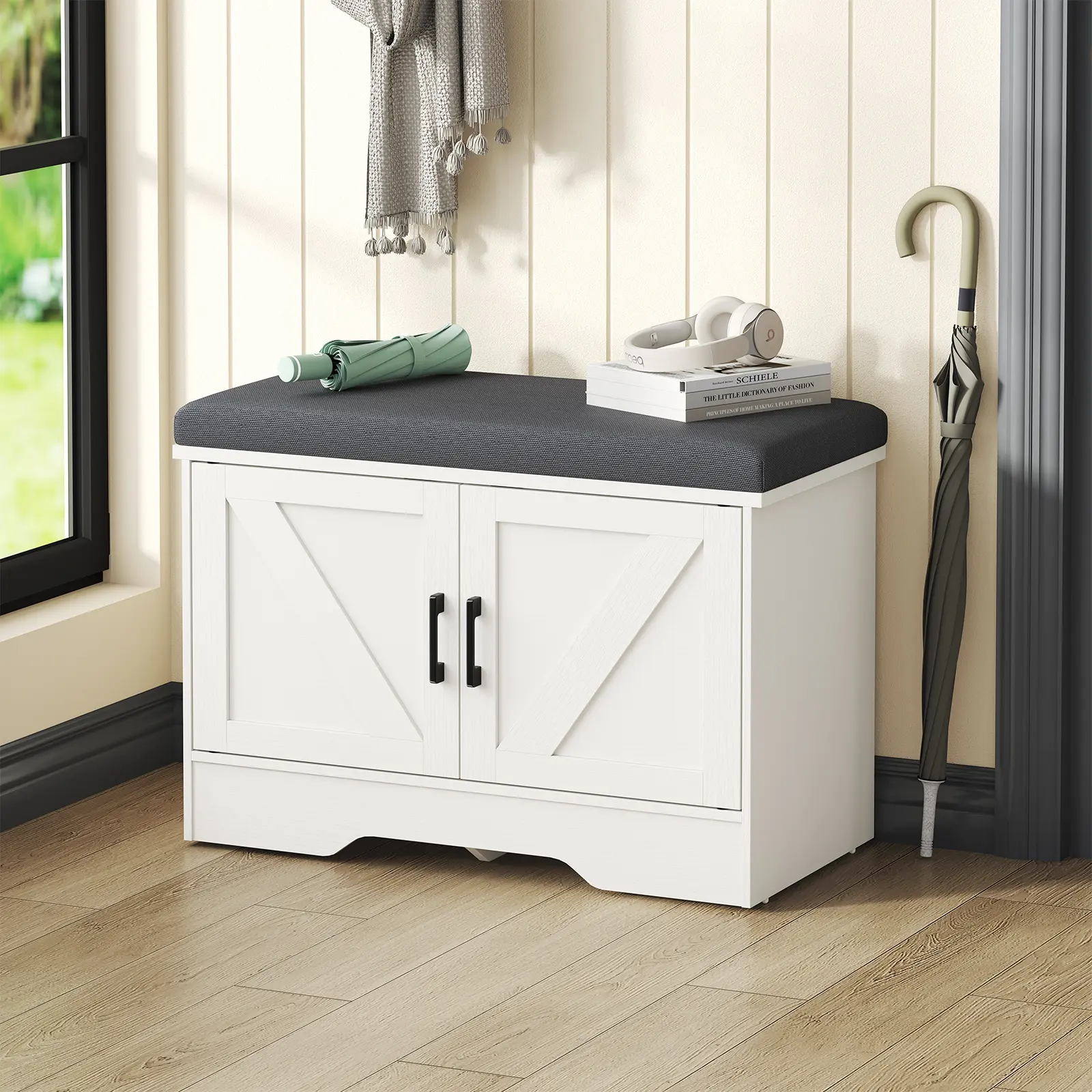 Storage Bench, Shoe Bench with Padded Seat Cushion, Large Capacity Entryway Bench with Cushion & 4 Barn Doors, White Storage Cabinet for Shoes/Blankets, Versatile Furniture for Hallway, Living Room, and Bedroom