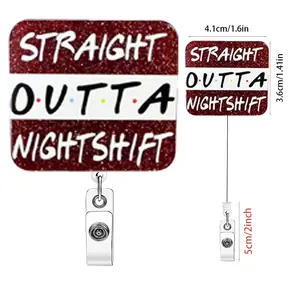 Two work card telescopic buckles, Retractable badge holder, Badge Reels Retractable, with "STRAIGHT OUTTA NIGHTSHIFT" text, equipped with telescopic structure and clip, suitable for night shift workers