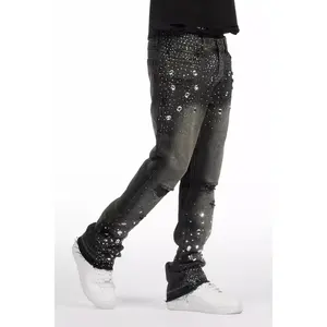 Glanz Dark Grey Rhinestone Stacked Flare Jean