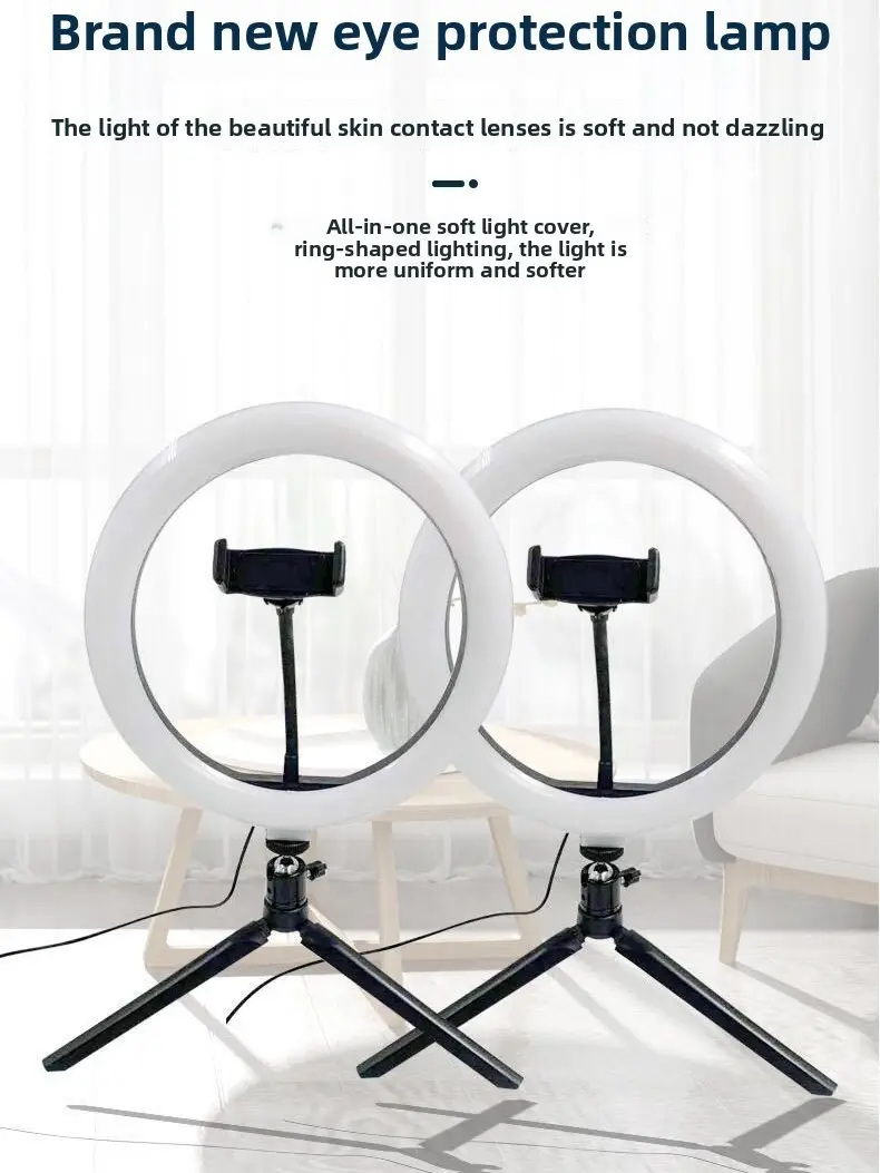 Portable 4-in-1 Tabletop Dimmable USB LED Ring Light Built-in Mirror Adjustable Tripod Stand Cell Phone Clip Holder, Small Selfie Ring Light for Makeup Tutorial, Live Broadcast, Vlog, Studio Shooting