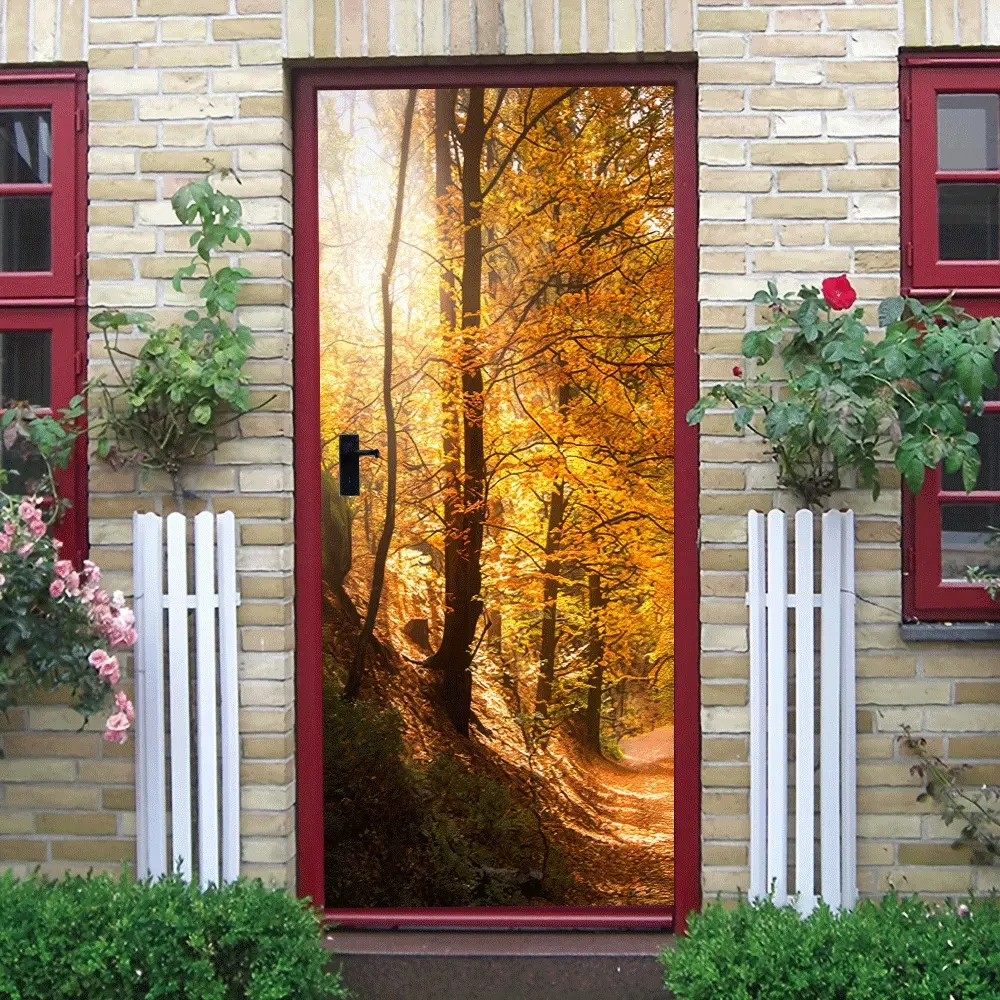 2pcs Autumn Forest Sunrise Scenery Wall Stickers for Bedroom Living Room Decor Self Adhesive Removable Eco Friendly Material Home Wall Art Decals Nature Landscape Decorative Stickers