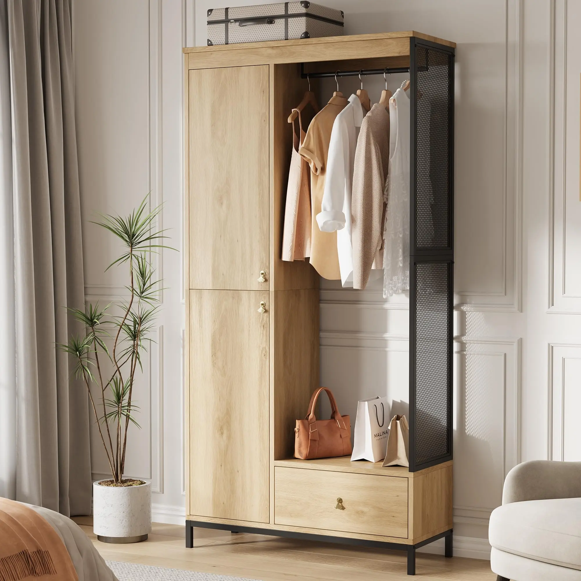 Modern Wood+Metal Freestanding Wardrobe Closet - 40" Wide Tall Wooden Single Unit with Hanging Rod, Drawer, Doors | Easy Setup Wardrobe Closet with Drawers for Bedroom, Small Space Indoor Furniture, Wood Closet System