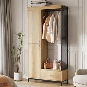 Modern Armoire Wardrobe Closet | 40" Wide Tall Clothes Storage with Hanging Rod, Drawer & Doors | Wood and Metal Freestanding Organizer for Bedroom, Small Space