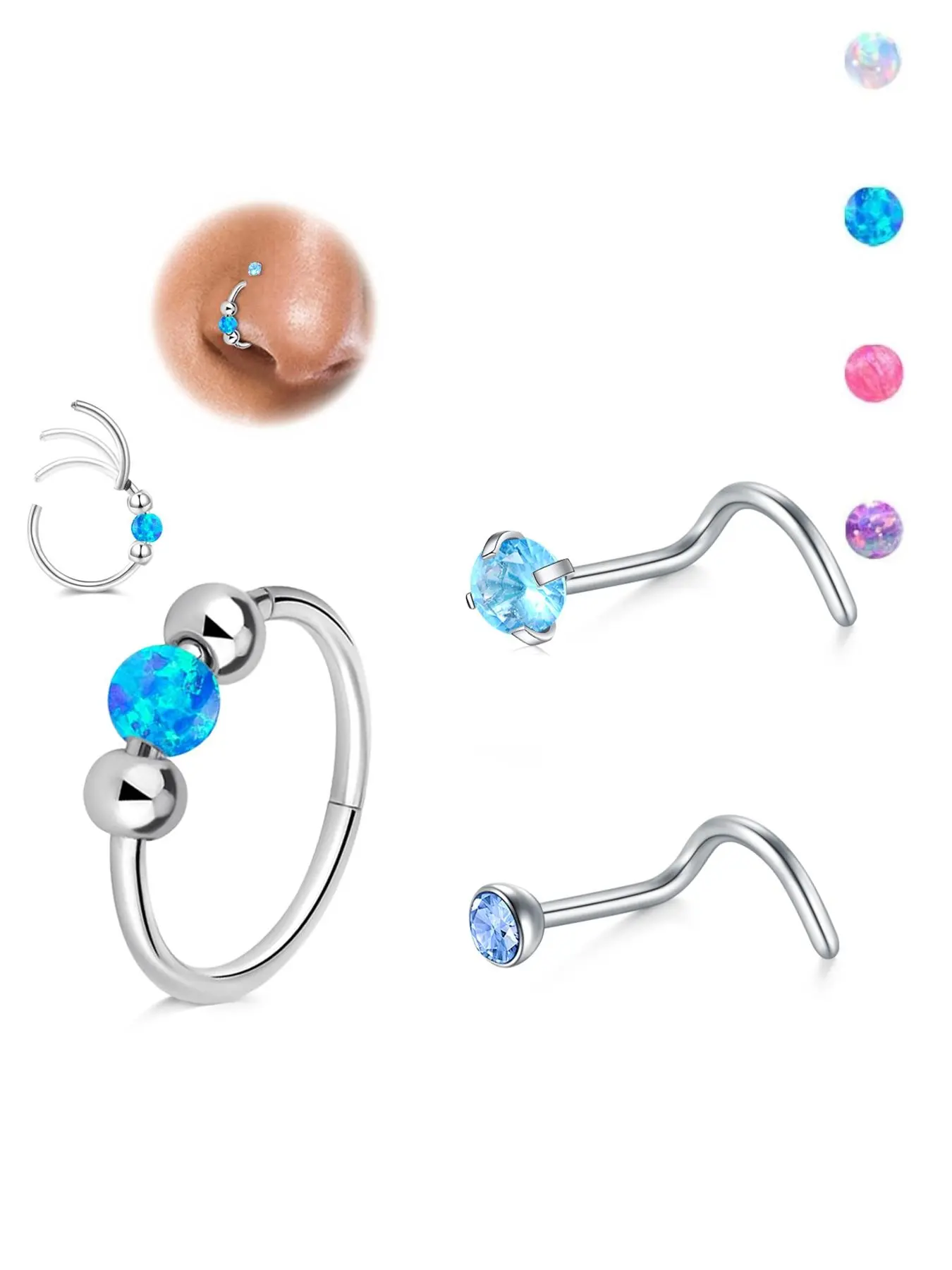 Elegant Stainless Steel Nose Ring Set, Hypoallergenic 20g Curved Barbell with Colorful Gems, Hinged Cartilage Earrings for Men & Women, Septum Clicker Ring, Hinged Nose Hoops, Nose Ring Jewelry, Hinged Piercing Hoop