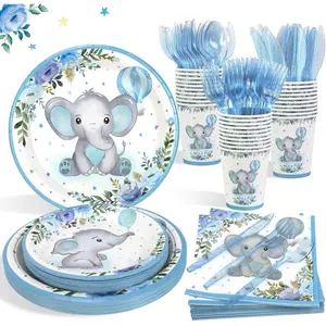 F-PSD18  175Pcs Baby Boy Shower Decorations Plates Set for 25 Guests, Elephant Baby Shower Paper Plates Napkins Cups and Utensils Tableware Blue Floral Theme Birthday Party Supplies Disposable Flower