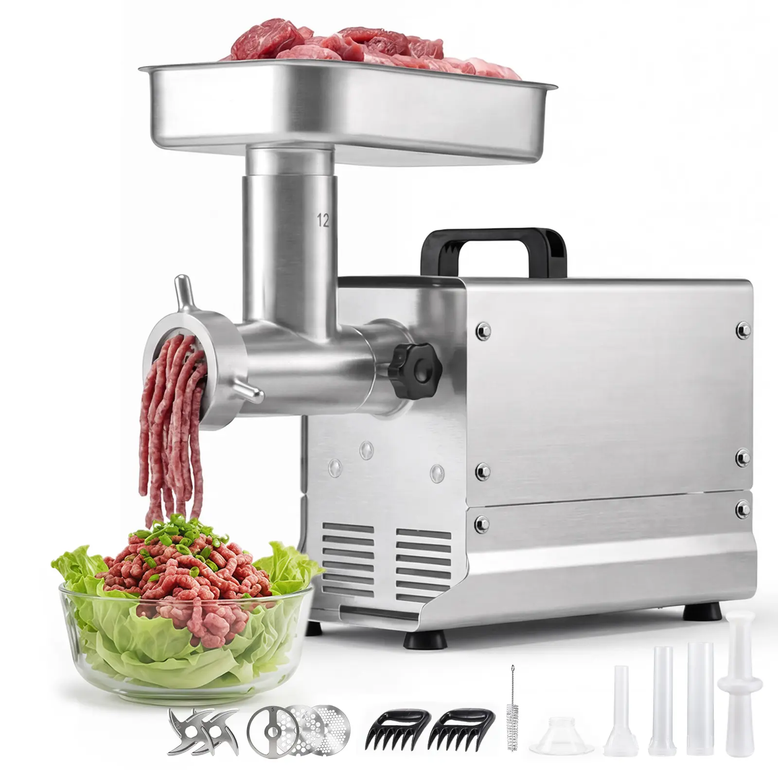 VEVOR Commercial Grade Stainless Steel Electric Meat Grinder, 11 Lbs/Min Capacity, #12 Corded 550W/0.7HP Mincer with 3 Plates, 3 Sausage Stuffing Tubes, ETL Listed for Home & Restaurant (Stainless Steel Cookware Compatible)