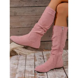 New pleated design warm outdoor solid-color stretch suede fashion boots for women—trendy mid-calf retro cowboy combat motorcycle boots, suitable for fashionable, comfortable, casual all-day wear; a great gift.