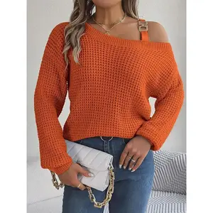 Women’s plain asymmetrical-neck metallic buckle knit sweater, casual drop-shoulder long-sleeve jumper for fall and winter, women’s knitwear for everyday wear, knitted sweater, tops — gift