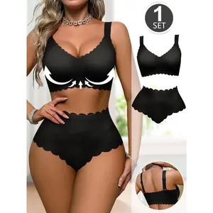 QUASTI High Waist Panties & Bralette Lingerie Set, Floral Scallop Fit High Rise Briefs Plus Wavy Glued Edge Cross Back Bra, Soft Breathable 2 Pieces Underwear Set for Daily Summer Matching