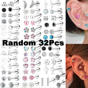 32pcs Stainless Steel Body Piercing Earrings Set with Cubic Synthetic Zirconia - 32 Unique Designs (Star, Moon, Heart, Flower, Geometric) | Hypoallergenic Ear Studs for Sensitive Light | Minimalist & Elegant Everyday & Party Jewelry | Year-Round Wear