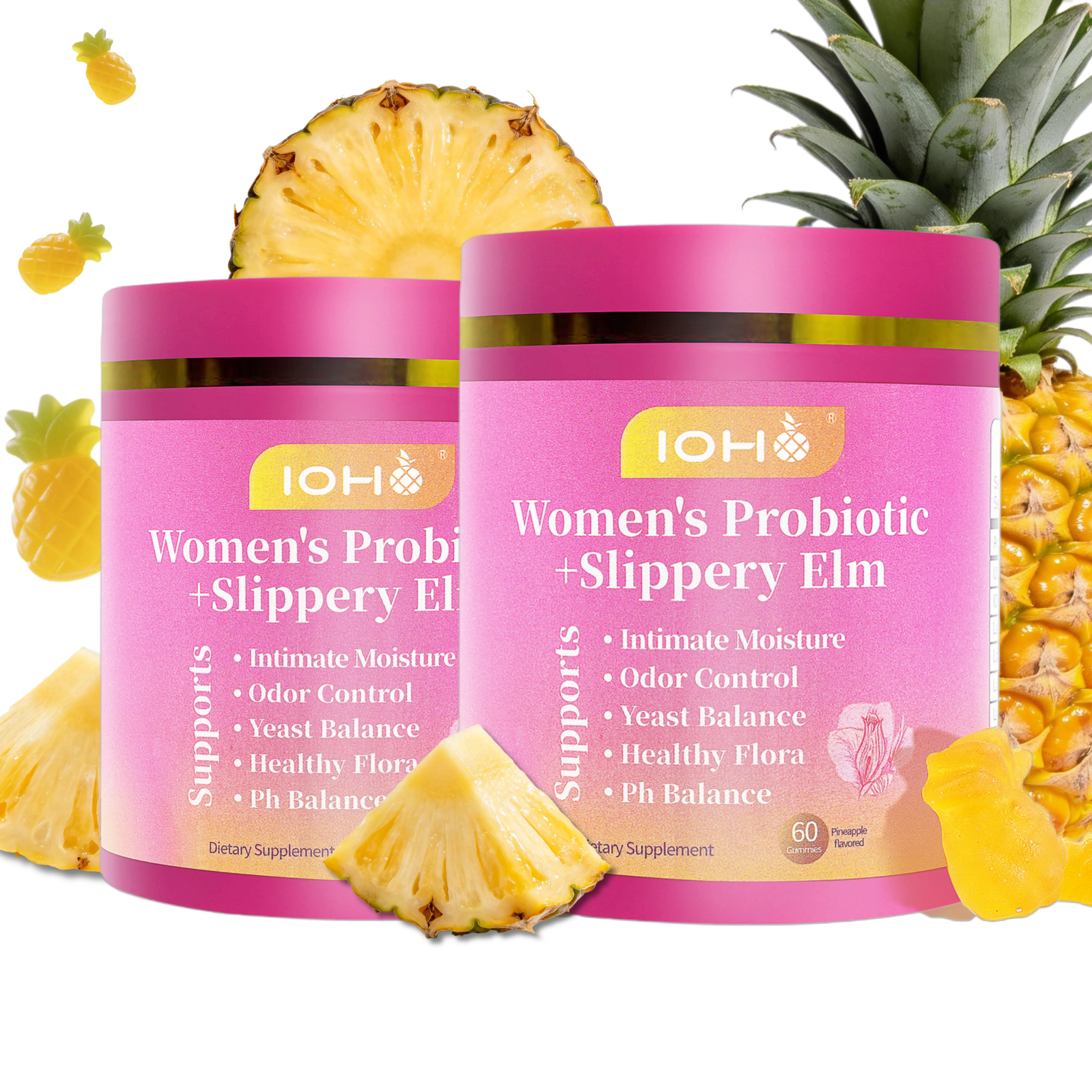 IOHO Her Juicy Feminine Probiotics Gummies- All in One Solution with Slippery Elm and Prebiotics&Lactobacillus Probiotic Blend for Women’s pH Balance and Dryness - Hawaiian Pineapple Gummies 60 Count probiotics women