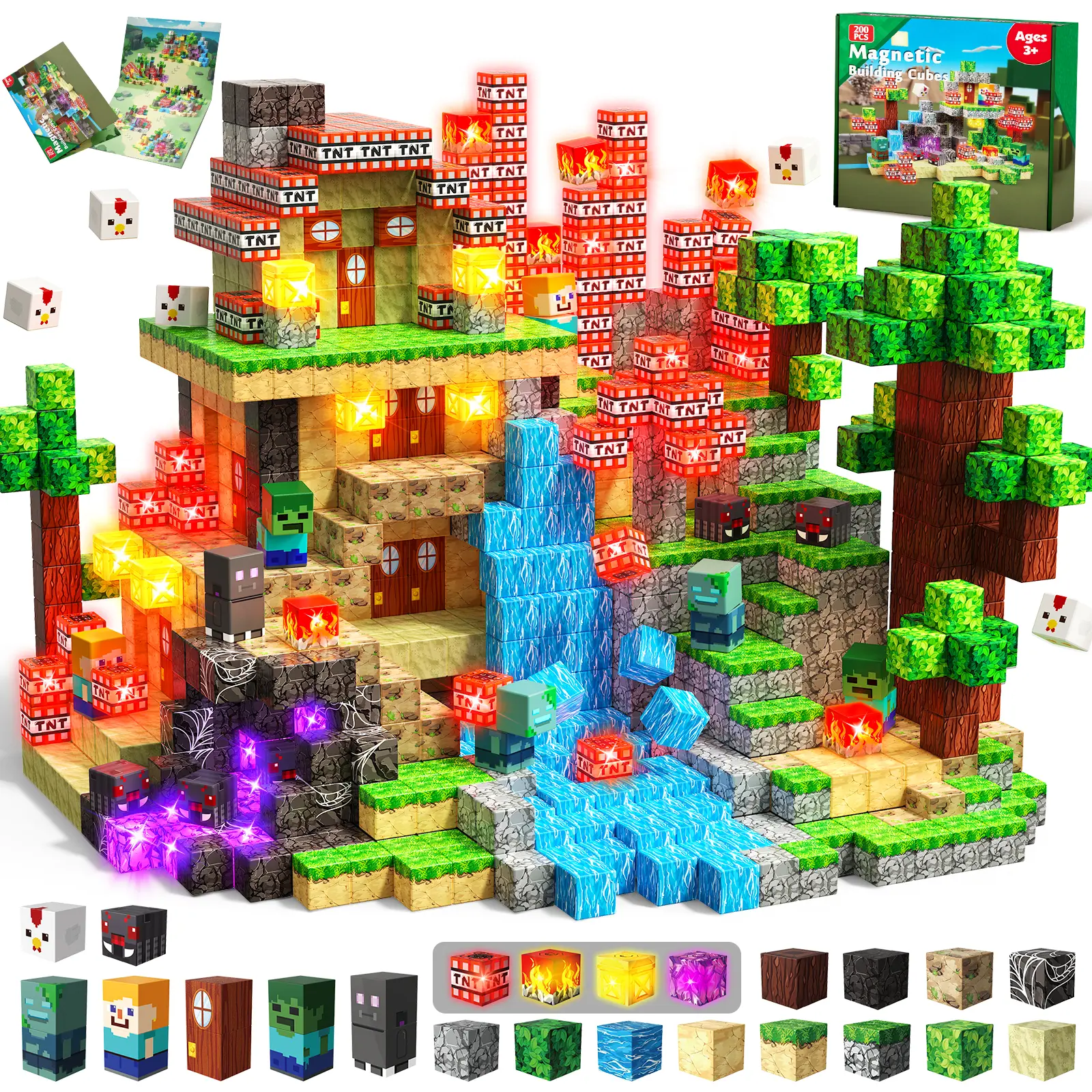 200 PCS Magnetic Blocks with Light Up Blocks - Magnetic Building Blocks, Magnetic Construction Cube Toys, STEM Sensory Learning Toys, Easter Christmas Birthday Gifts for Toddlers Boys and Girls Age 3+ Summervibes,summerwins