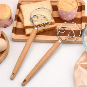 Stainless Steel Danish Dough Whisk - Hand Mixer and Dough Blender for Bread, Pastry, and Pizza Dough - Manual Kitchen Baking Tool with Wooden Handle - Food Contact Safe