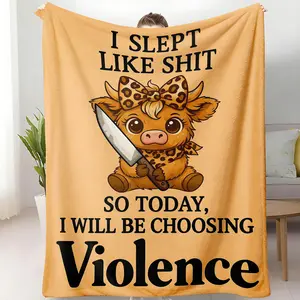 Cute Highland Cow Blanket-"I Slept Like Shit So Today I Choose Violence",Adorable Leopard Print Bow Cow with Knife Funny Quote Design,Perfect for Friends