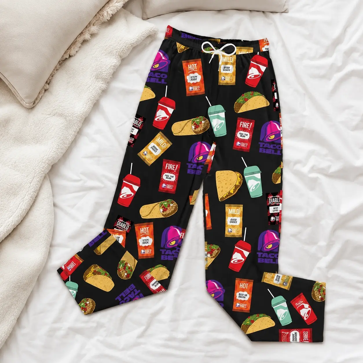 Unisex Novelty Pajama Pants, Merch Bottoms Comfortable Loose Fit Casual Home Wear All Season Lounging Gift, Funny Taco & Hot Sauce Pattern Lounge Sleepwear