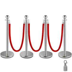 VEVOR Crowd Control Stanchion,  Set of 4 Pieces Silver Stanchion Set, Stanchion Set with 5 ft/1.5 m Red Velvet Rope, Crowd Control Barrier