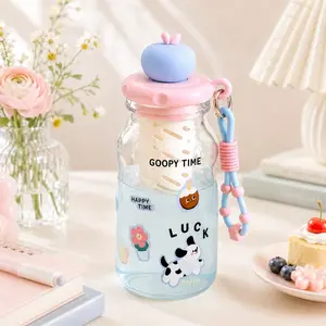 Cute Plastic Water Bottle with Straw Tea Infuser,  Kawaii Coffee Juice Tea Water Cup 600ml Leakproof Portable Drinking Cup with Carrying Strap Gift For Kids School Woman Office Travel