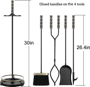 30in Fireplace Tools Set Brass Handle 5Pieces Wrought Iron Indoor Fireset Stand Wood Log Holder Hearth Accessories Kit Antique Fire Ton