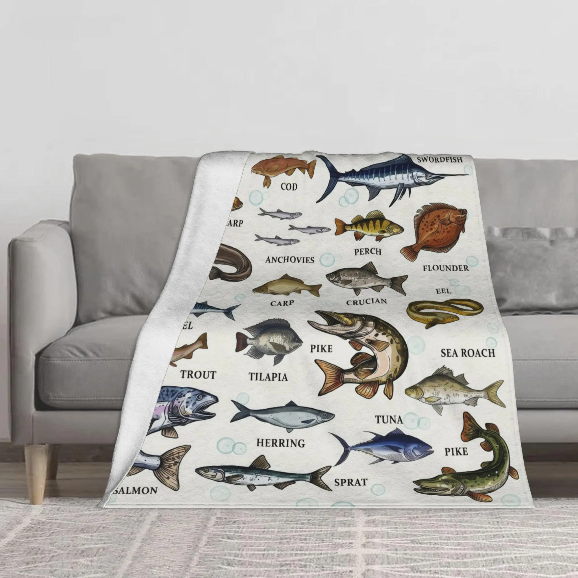 Fish Species Chart Fishing Lover Flannel Fleece Blanket, Multi‑Size Cozy Soft Plush Throw, Educational Saltwater Freshwater Fish Collection Printed Blanket for Couch Bed, Gift for Angler Fishing Enthusiasts