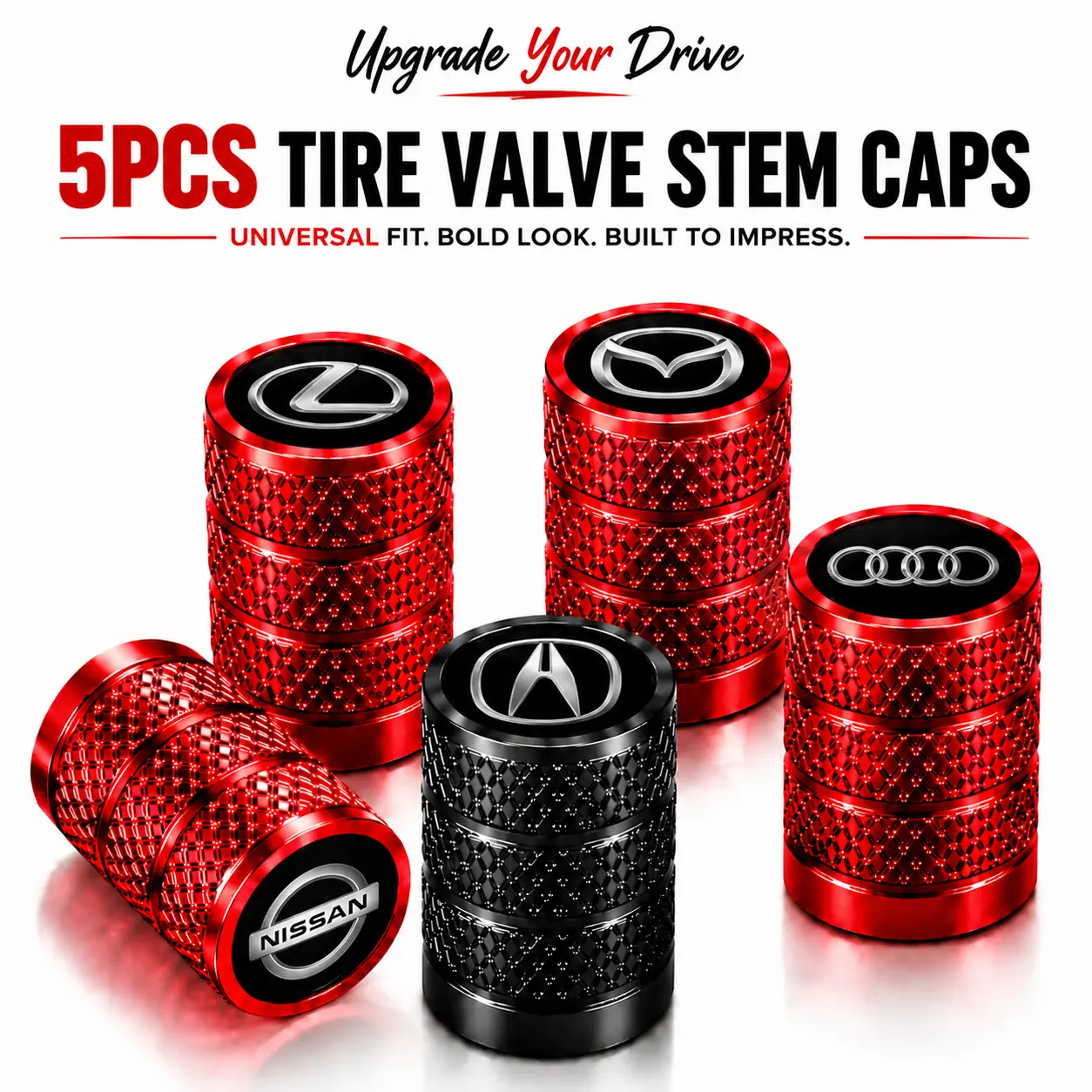 5-Pack Universal Fit Polished Aluminum Sport Tire Valve Stem Caps, Easy Screw-On, Rust-Resistant, Air-Seal Leak-Proof, Decorative Exterior Accessories for Cars, Trucks, SUVs, Motorcycles (Fits Ford, Toyota, Chevy & More)