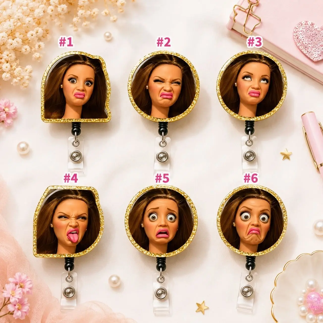 Funny Doll Face Badge Reel, Sassy Retractable ID Badge Holder, Grumpy Character Badge Clip, Nurse Medical Work Accessory, Sarcastic Gift