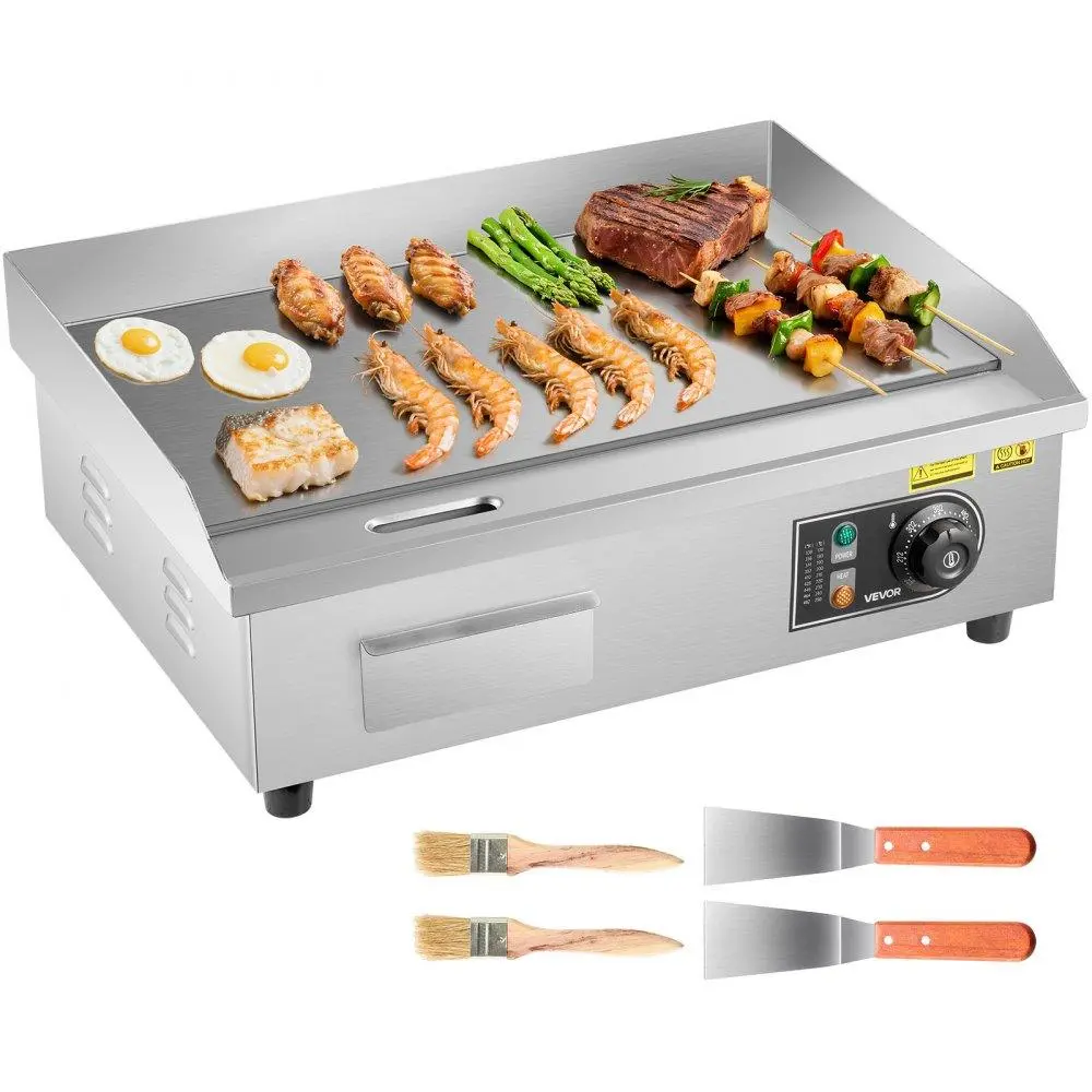 【summerfinds】VEVOR Commercial Electric Griddle, 21 x 11.8 inch, 1750W, 122-570°F Adjustable Temp Control, Stainless Steel Countertop Flat Top Grill with 2 Spatulas, 2 Brushes and 4 Foot Pads, for Steak, Pancake