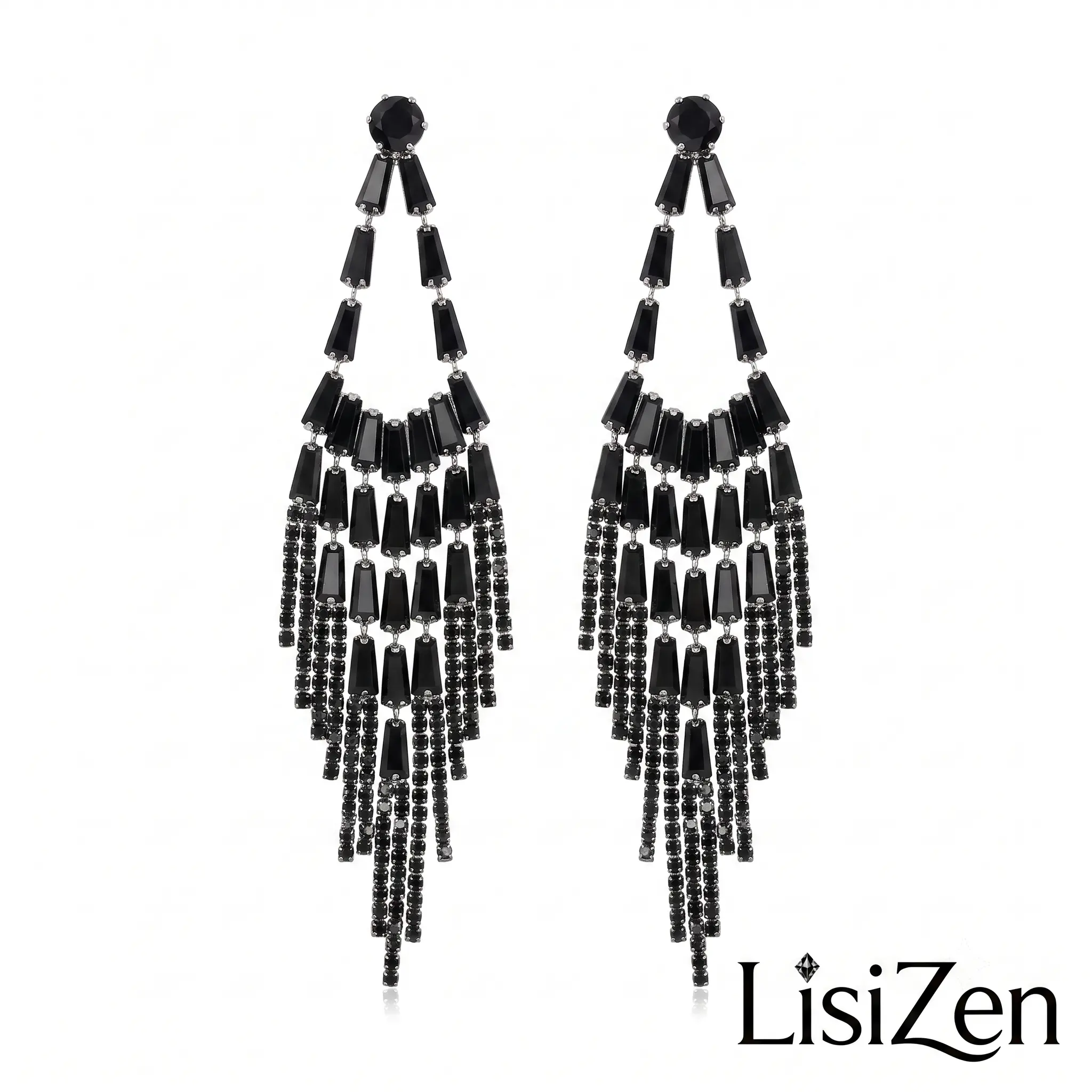 LisiZen Bold Look Long Drop Tassel Fringe Statement Earrings - Black, S925 Silver Needle, for Statement Wear, DZEH6314
