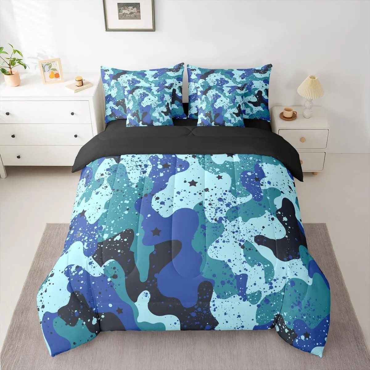 Camo Comforter Set with Sheets 7 Piece Army Camouflage Bedding Set Colorful Pattern Style Bed in a Bag Blue Room Decor for Kids Boys GirlsLightweight Microfiber