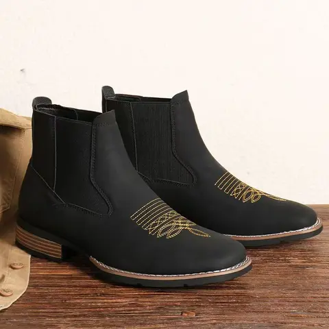 Men's Embroidered High-Top Denim Boots - Cuban Heel, High-Top Ankle Hold, Riding-Boot Style, Non-Slip Rubber Sole, All-Seasons Walking Shoes for Outdoor Use