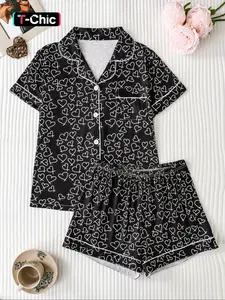 Women's Valentine Heart Print Pajama Set, Elegant Fitted Short Sleeve Top & Comfortable Loose Shorts, All Seasons Sleepwear, Loungewear, Pjs