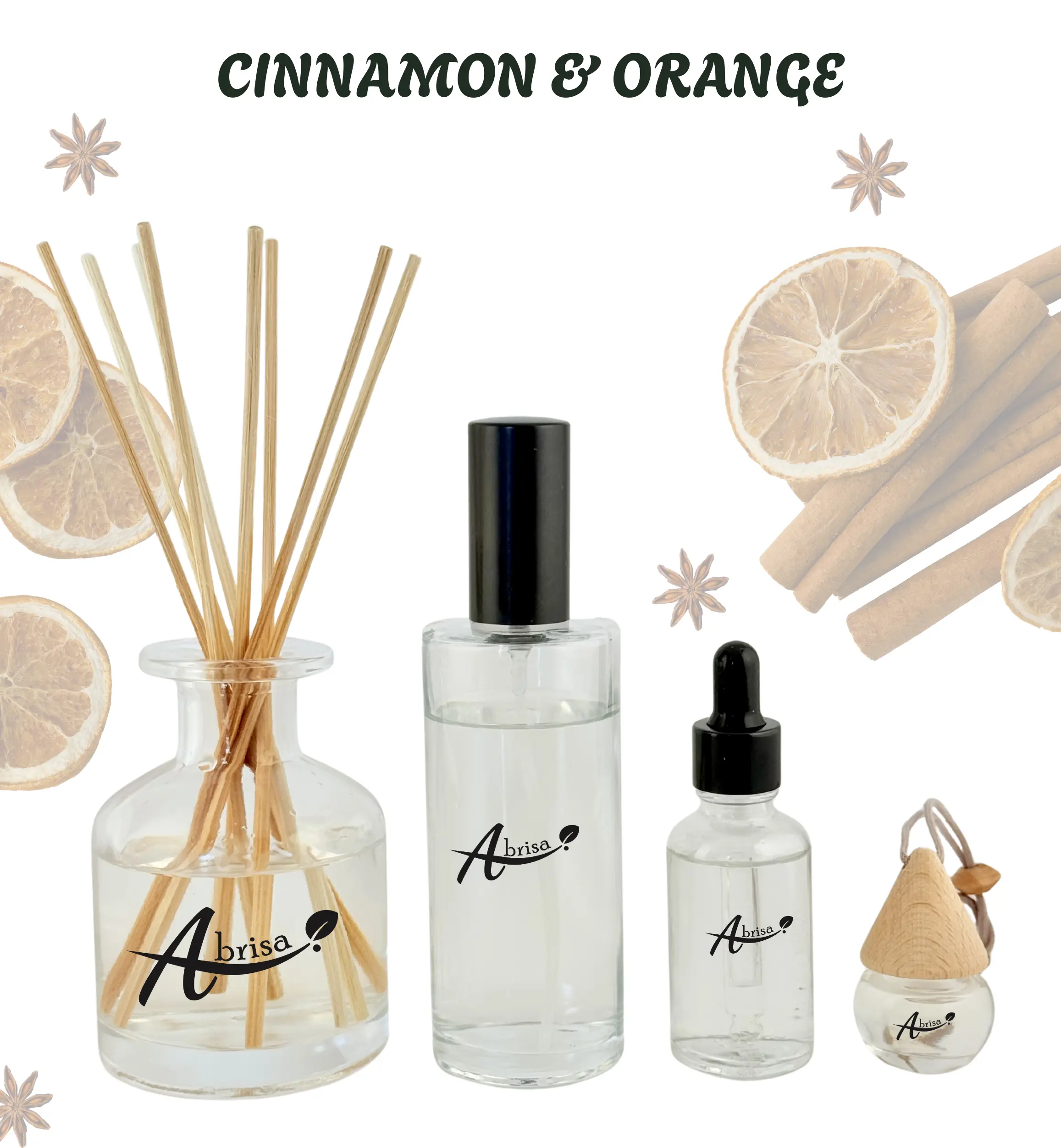 Cinnamon & Orange - Full Experience Aromatherapy Bundle with Reed Diffuser, Home Spray, Water Soluble Essence, & Car Air Freshener for Calm & Clarity