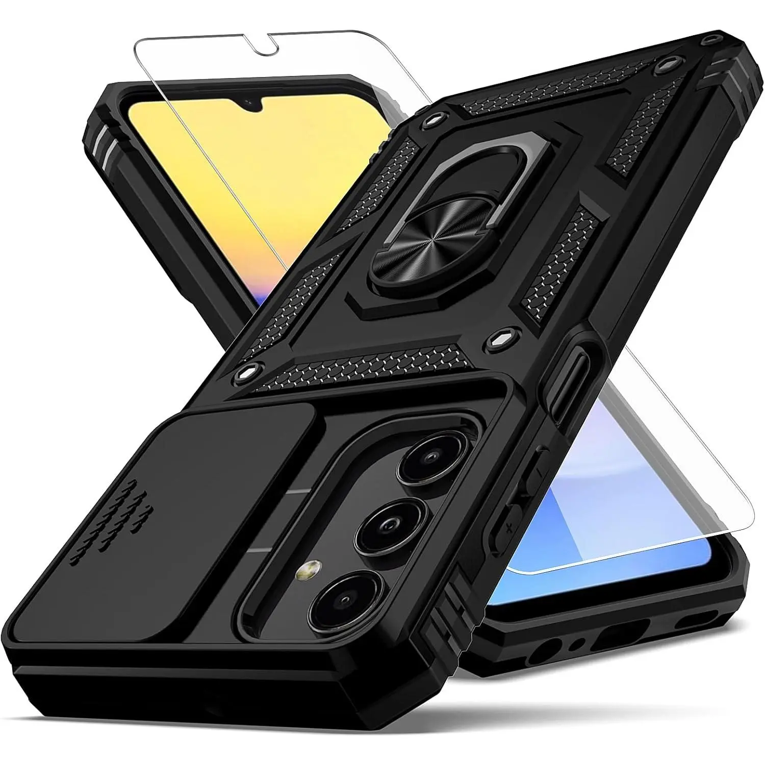 Multi-Layer Hybrid Hard PC Soft TPU Shockproof Protective Case with Metal Grade Ring Mount Kickstand for Samsung Galaxy A15 5G Cellphone, Accessories Set Includes Film, Camera Lens Cover, Screen Protector, Black Holder