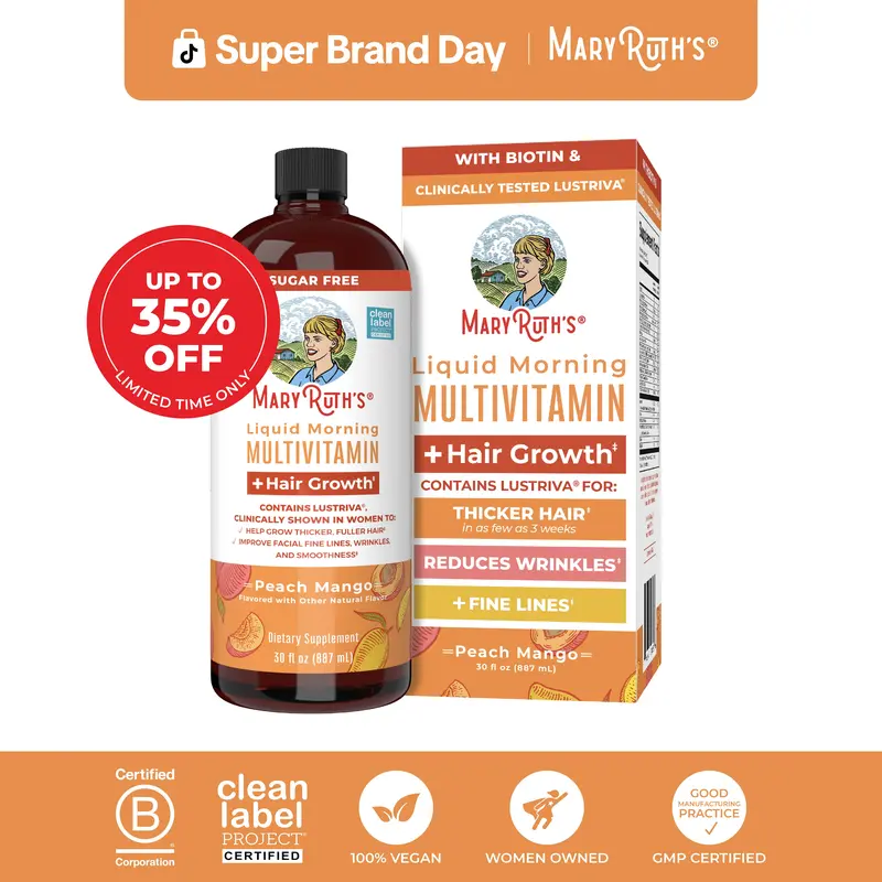 MaryRuth's Liquid Multivitamin + Hair Growth - Clinically Tested Lustriva for Thicker Hair in Women - Improve Facial Wrinkles - Vegan - 30 Fl Oz