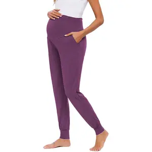 Women's Maternity Workout Leggings Over The Belly Pregnancy Yoga Pants with Pockets Soft Activewear Work Pants Purple L
